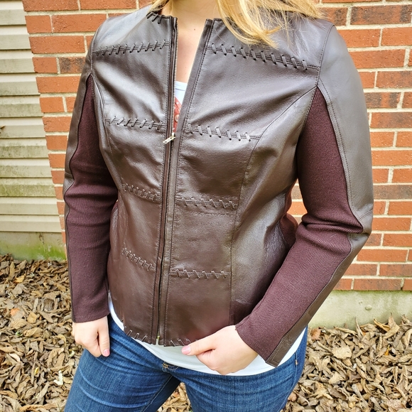 Brown Leather and knit jacket - Nygard Collection - Picture 3 of 8